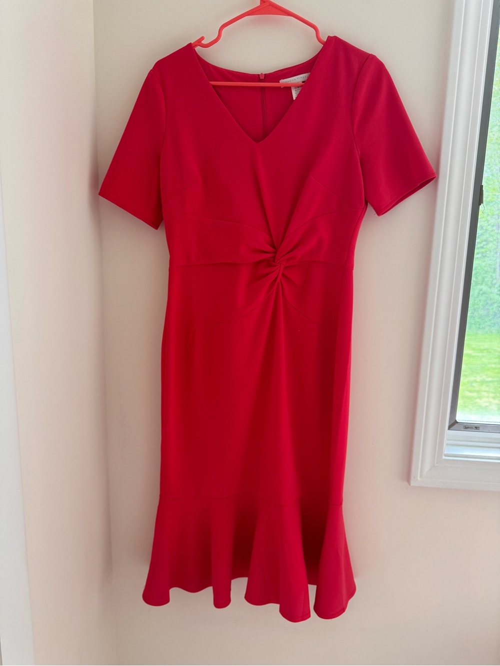 London Times Coral V-Neck Twist-Front Midi Dress